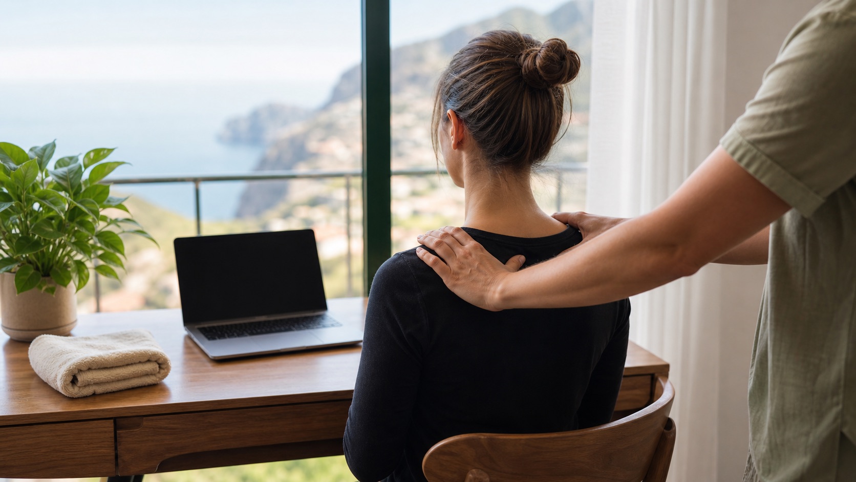 Therapist cueing shoulder position for a person seated at a home desk in Madeira