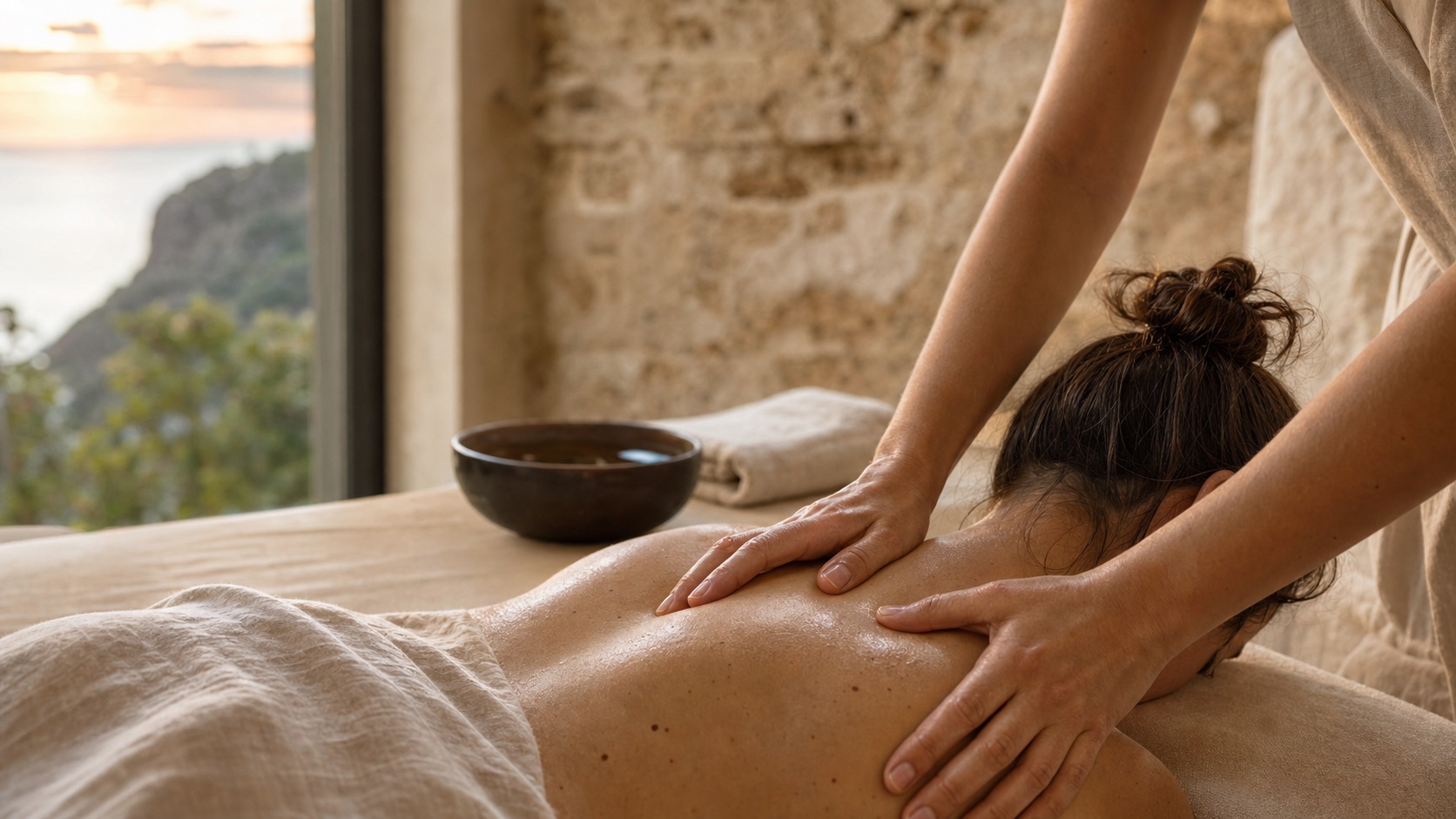 Therapist working gently across the upper back in a calm Madeira treatment room
